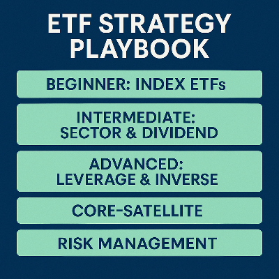 Infographic summarizing ETF strategies from beginner to advanced with core satellite approach