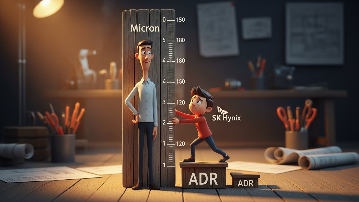 키(Valuation)를 재는 눈금자 앞에서 'Micron'과 'SK Hynix'가 나란히 서서 키를 재보는 모습