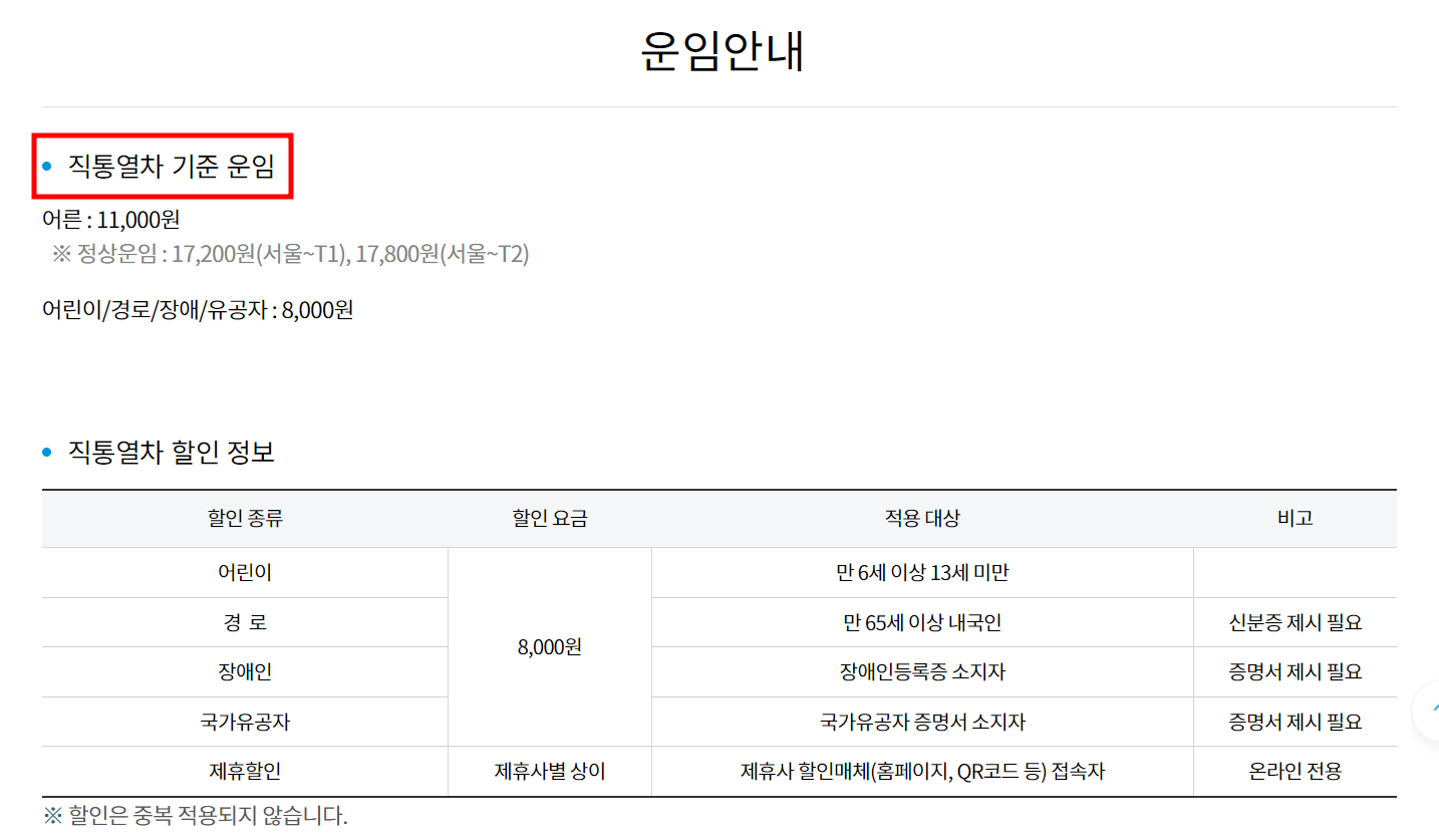 직통열차 운임