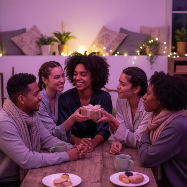 다양한 연인들이 서로 다른 방식으로 사랑을 표현하며 행복하게 교류하는 모습, 따뜻한 보랏빛과 노란빛이 감도는 로맨틱한 분위기