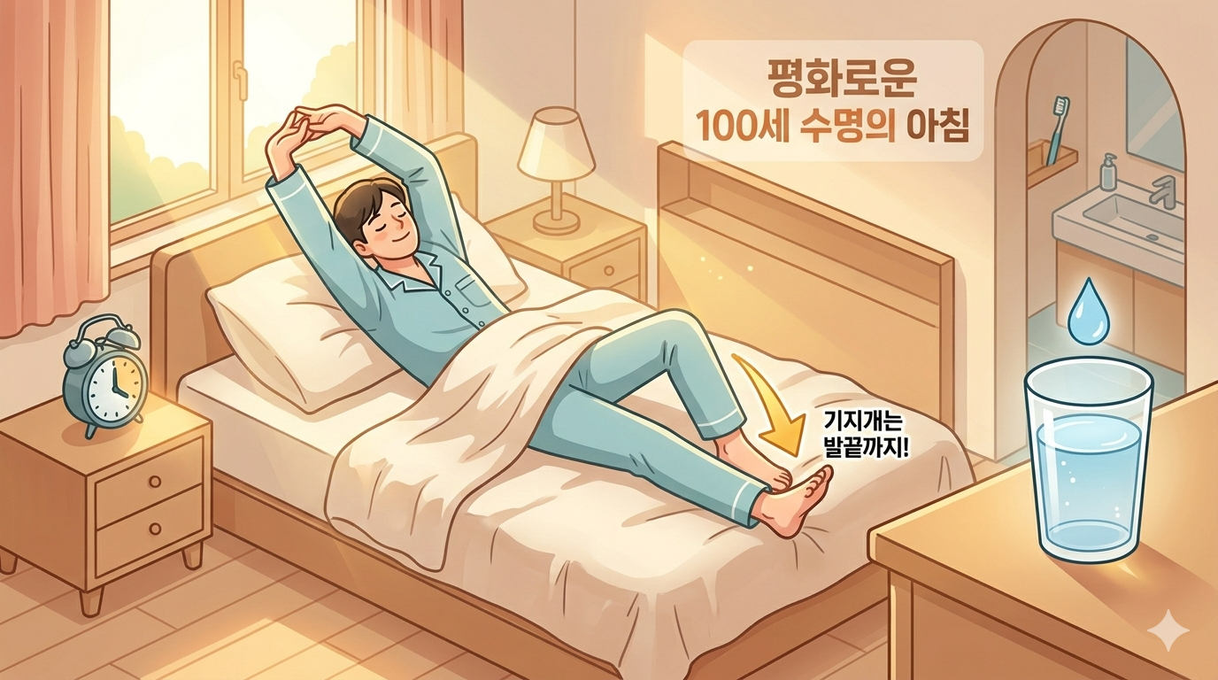 아침 햇살이 들어오는 침대 위에서 가볍게 기지개를 켜며 스트레칭을 하는 모습과 미지근한 물 한 잔이 놓여 있는 평화로운 아침 풍경 이미지