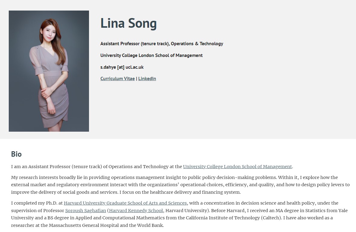 송리나 교수 런던대 홈페이지