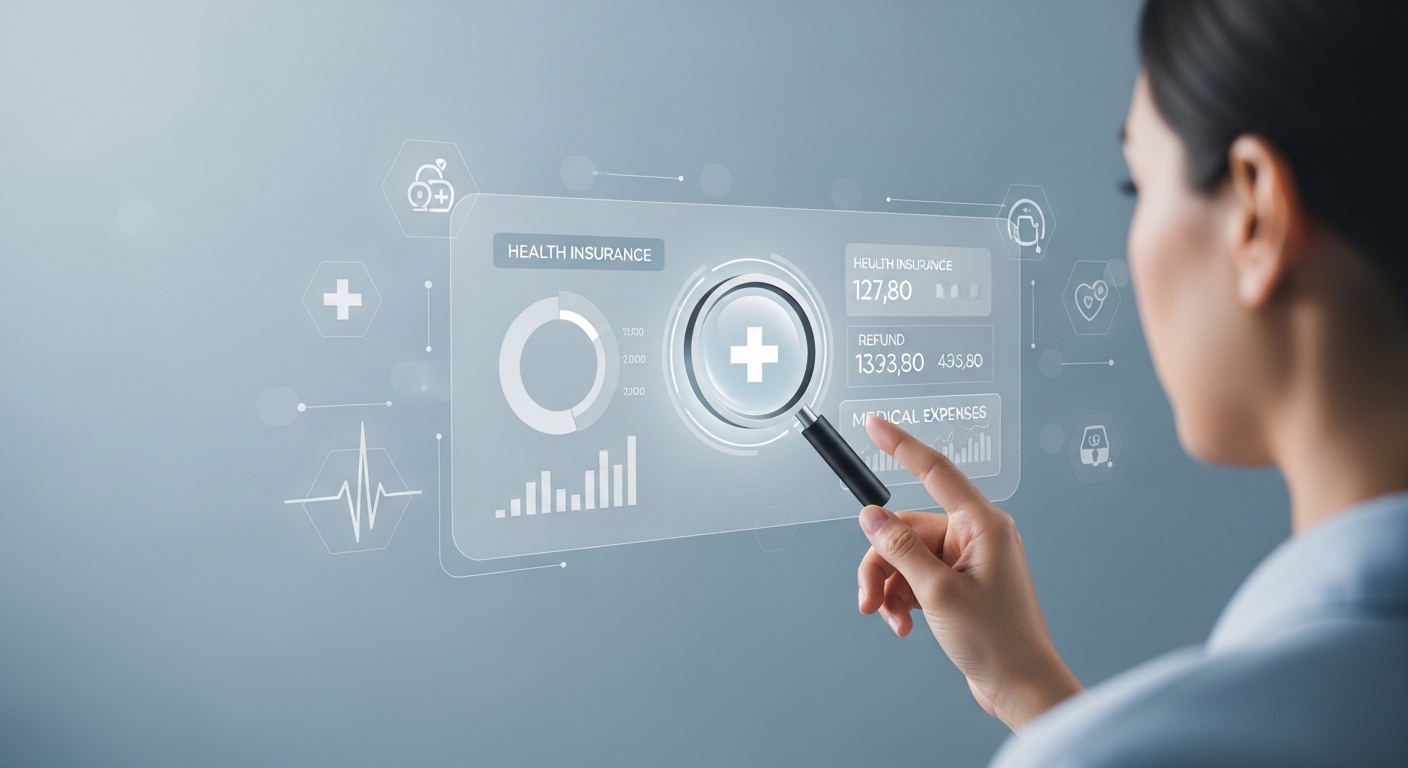 디지털 화면에서 돋보기를 들고 건강보험 환급금 데이터를 확인하는 사람의 모습. 숨겨진 의료비를 찾아내는 재정적 안도감을 표현합니다.