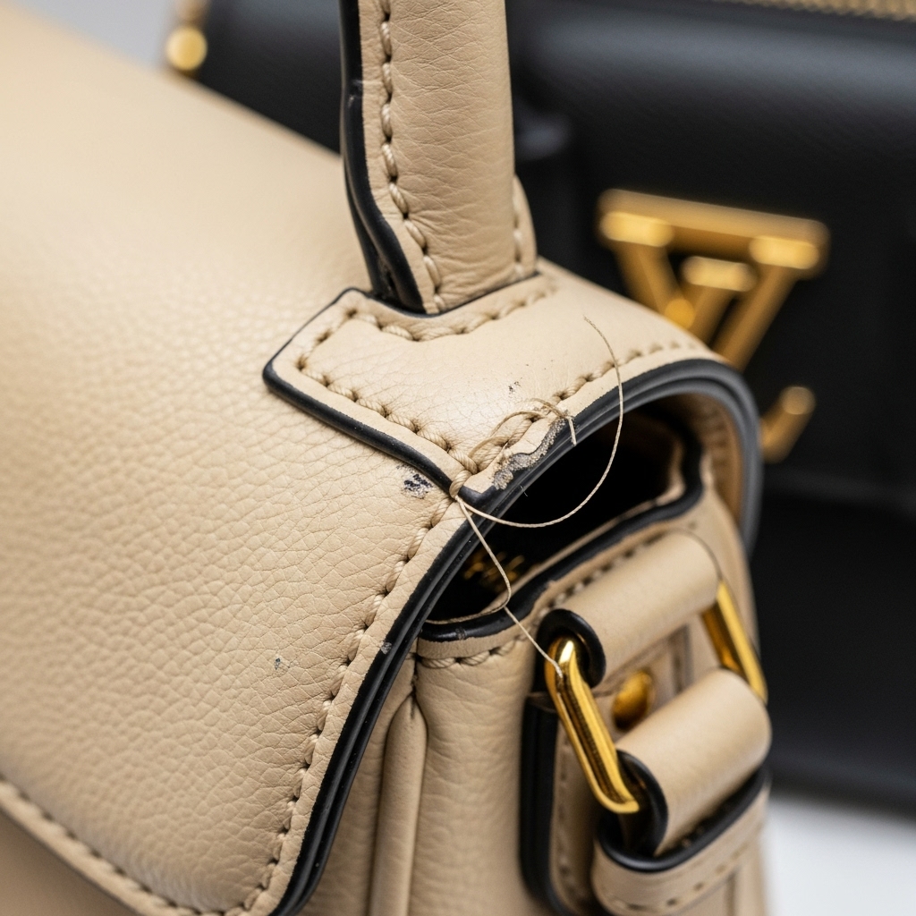 가품 명품 가방의 조악한 박음질과 흐릿한 로고를 확대하여 보여주는 이미지. 정품과 비교하여 가품의 낮은 품질을 명확히 드러냄.