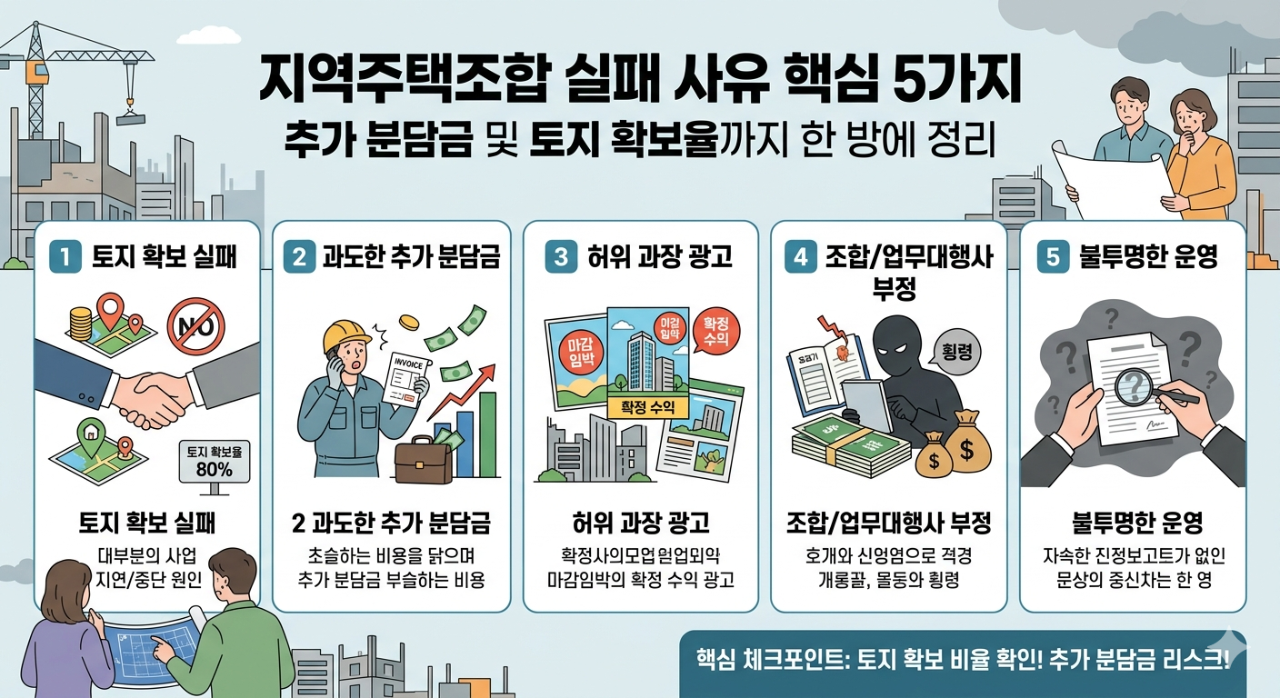 지역주택조합 실패 사유 핵심 5가지, 추가 분담금 및 토지 확보율까지 한 방에 정리
