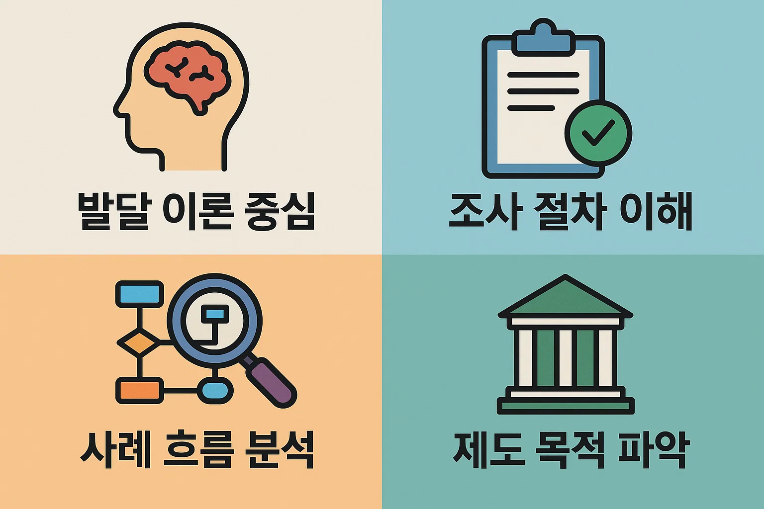 사회복지사 1급 기출문제 해설 시 발달 이론 중심 학습, 조사 절차 이해, 제도 목적 파악 등 과목별 핵심 포인트를 정리한 이미지입니다