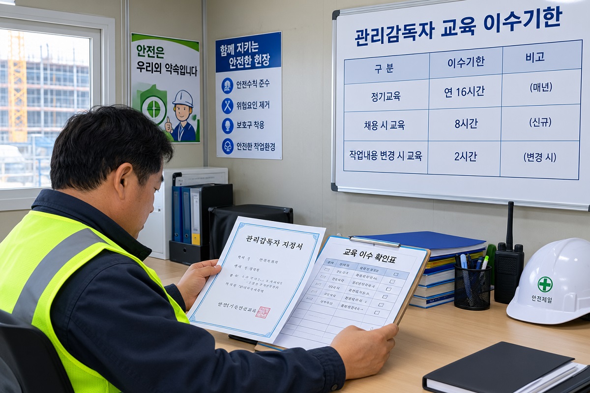 신규 지정된 관리감독자가 교육 이수 서류를 확인하는 모습