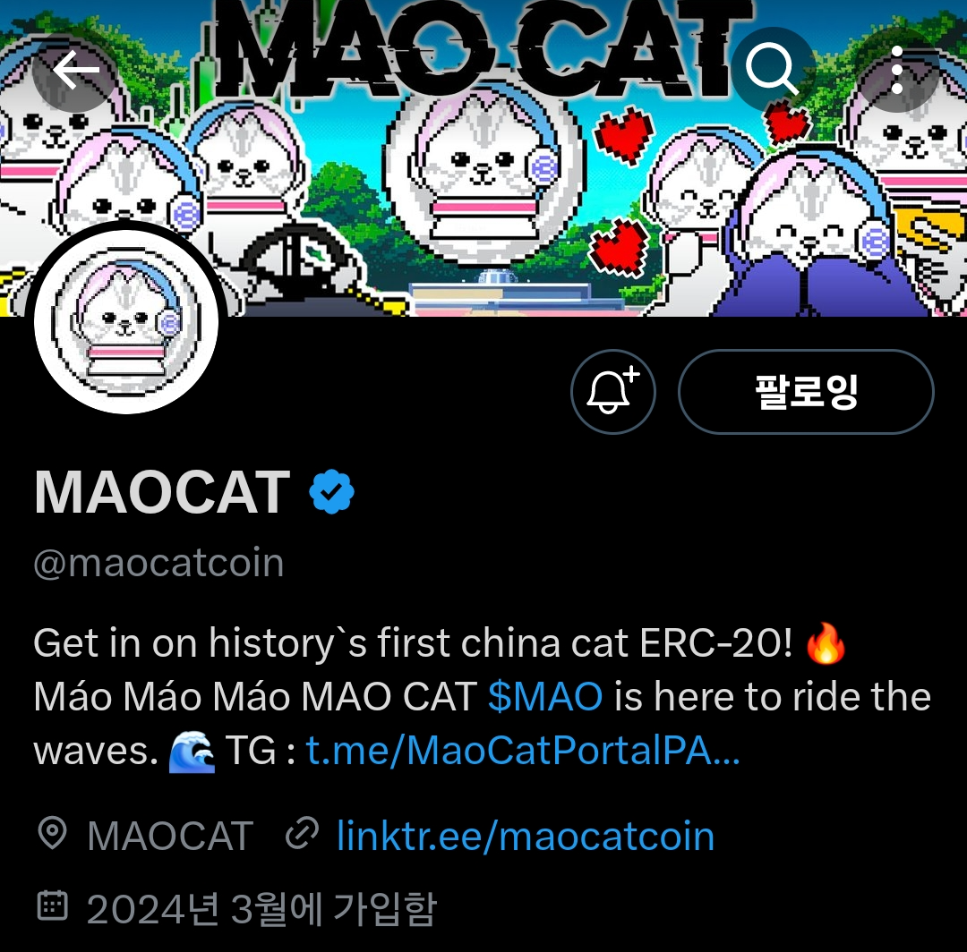 프리세일 중인 마오캣 코인 트위터 메인 화면