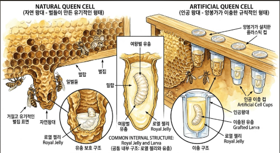 벌통 내부의 자연왕대와 인공왕대의 구조를 비교하는 다이어그램