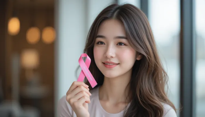 환한 미소로 핑크리본을 손에 들고 있는 여성