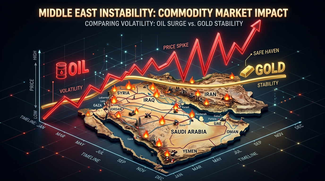 불타는 지도 위로 유가 그래프는 치솟지만, 금 그래프는 완만하게 움직이는 3D 인포그래픽