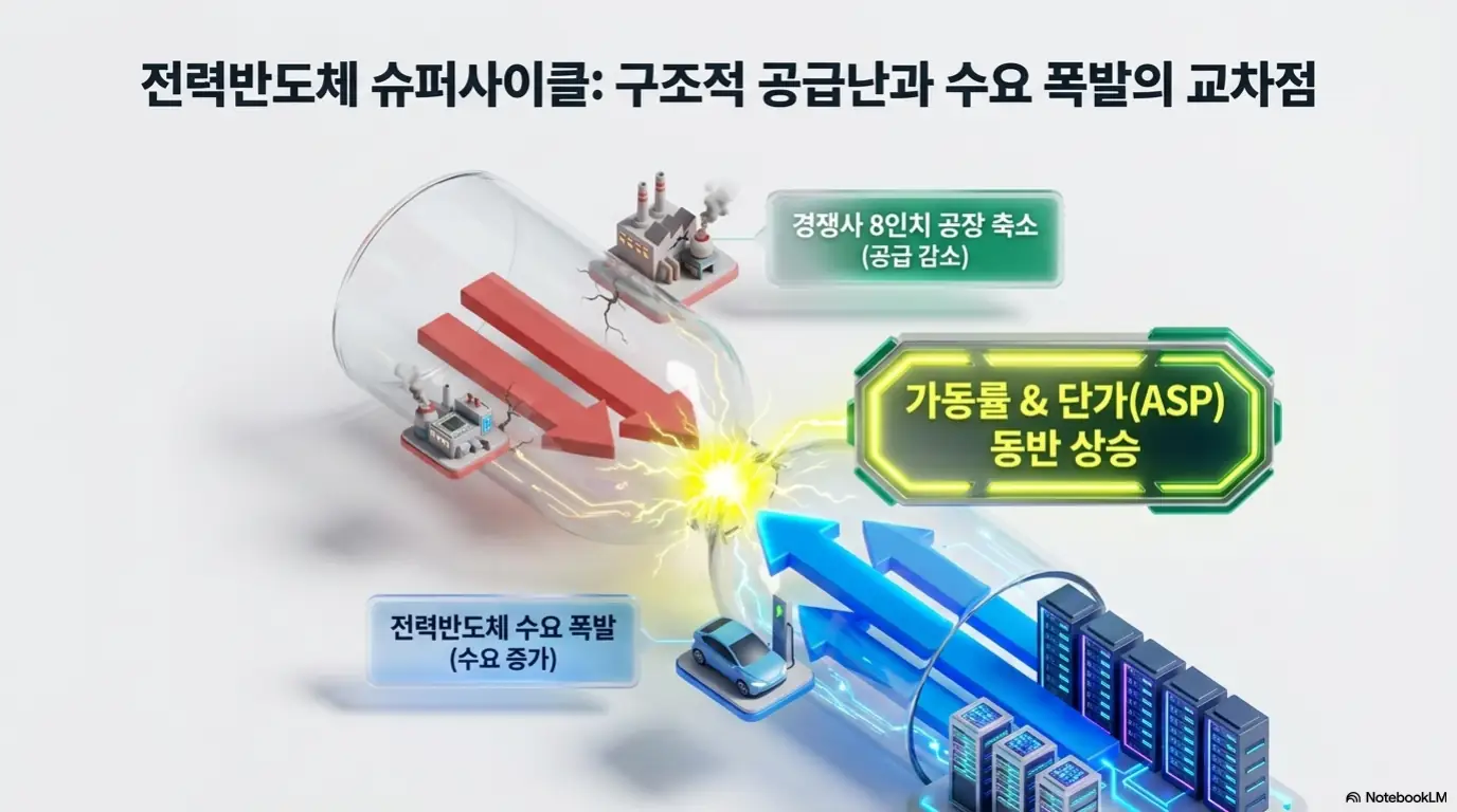 DB하이텍 주가 전망: &amp;#39;전력반도체 슈퍼사이클: 구조적 공급난과 수요 폭발의 교차점&amp;#39;이라는 문구와 공급 감소&middot;수요 증가가 충돌하는 그래픽이 담긴 이미지. 이 이미지는 경쟁사의 8인치 공장 축소와 전력반도체 수요 증가가 맞물려 가동률과 단가가 함께 오르는 구조를 시각적으로 전달하며&amp;#44; 블로그의 DB하이텍 주가 전망과 관련된 내용을 설명함 