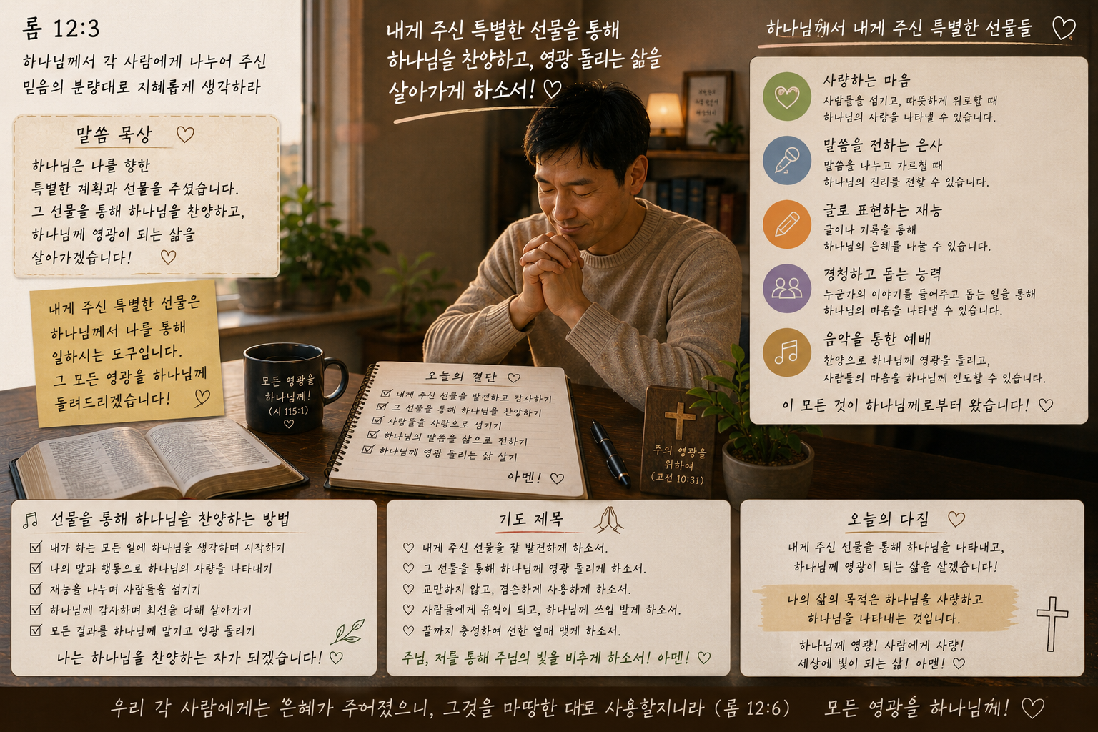 롬 12:3 말씀에서 하나님께 내게 주신 특별한 선물을 생각하며&amp;#44; 그 선물을 통해 하나님을 찬양하며 하나님께 영광이 되는 삶을 살아갈 것을 기대하며 기도 가운데 하나님을 나타내려는 시도를 하는 모습입니다.