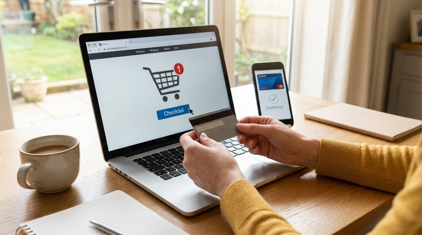 クレジットカードでオンラインショッピング、ノートパソコン、スマートフォン決済