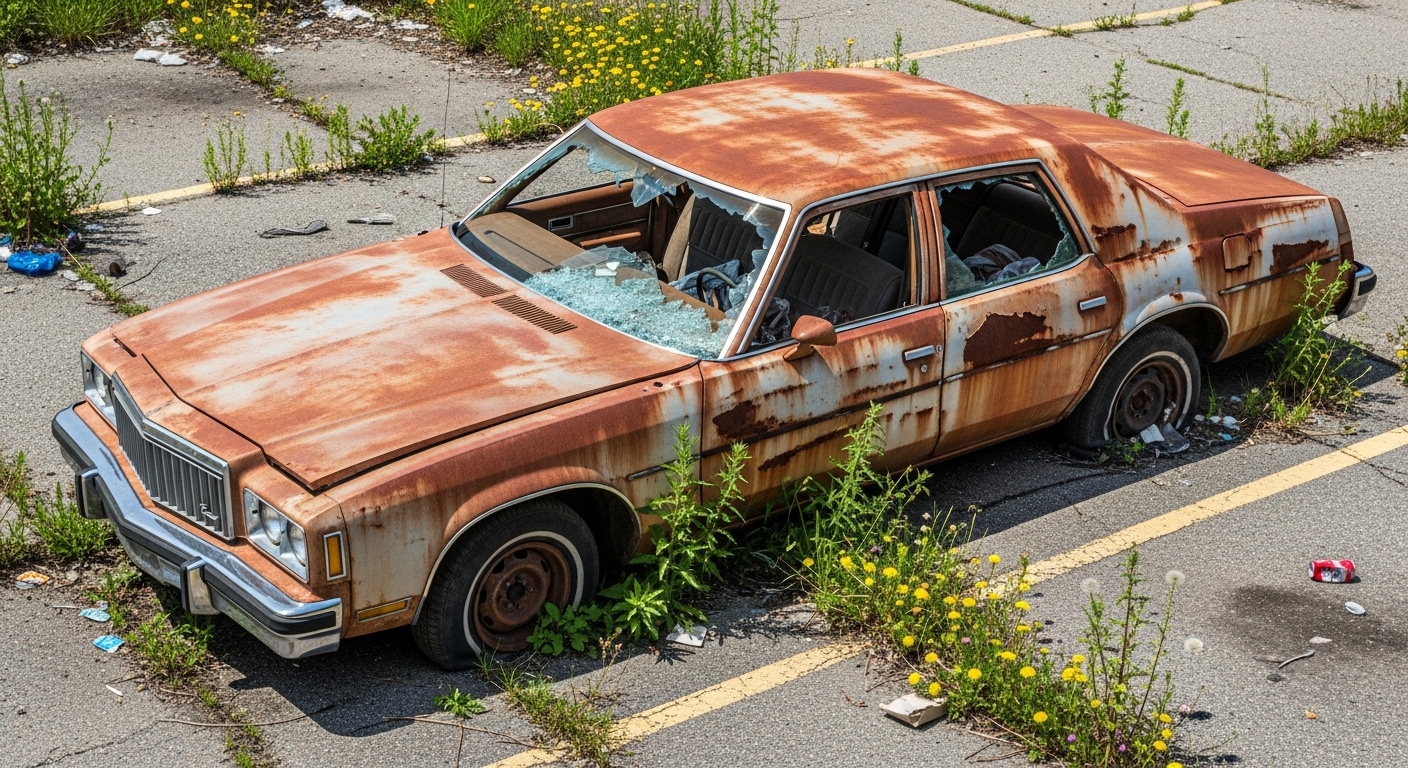 오랫동안 방치되어 녹슬고 폐기된 차량이 주택가 한쪽에 버려져 있는 모습. 도시 미관을 해치고 안전 문제를 유발하는 무단 방치 차량의 심각성을 보여줍니다.