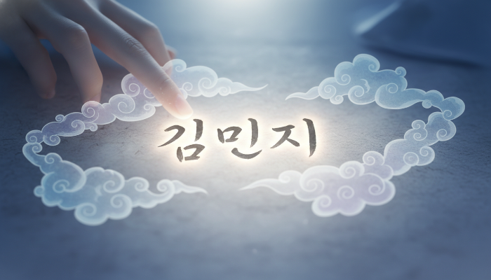 자신의 이름이 쓰인 아름다운 한글 붓글씨를 조용히 바라보는 사람. 부드럽게 소용돌이치는 생각과 성격 특성을 나타내는 추상적인 패턴이 주변에 있습니다.