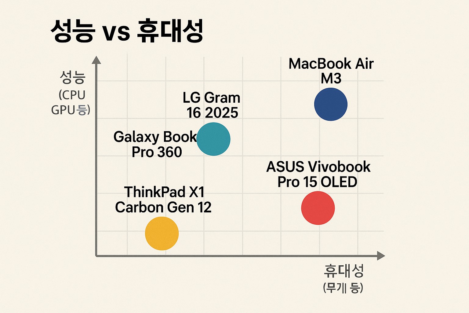 노트북 성능형 vs 휴대성형 비교 인포그래픽: 무게, 배터리, CPU, 가격대 차이