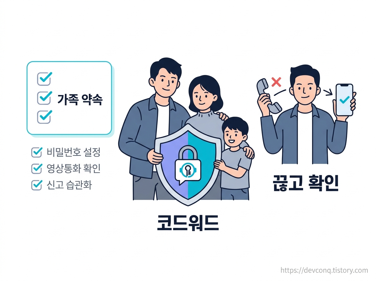 가족 코드워드와 재확인 전화를 표현한 대비책 일러스트