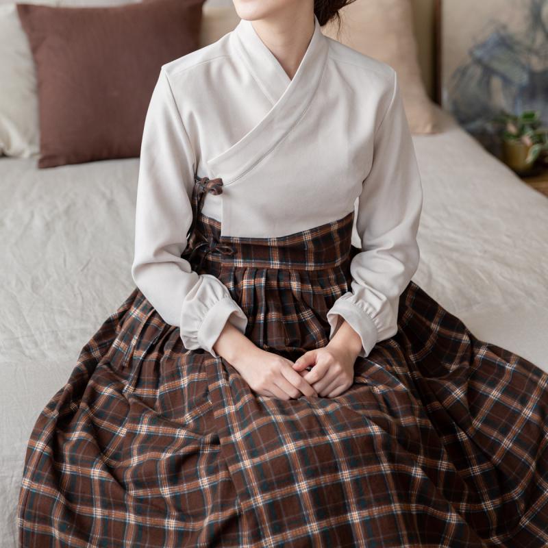 생활한복 체크 배색 철릭원피스 오후두시