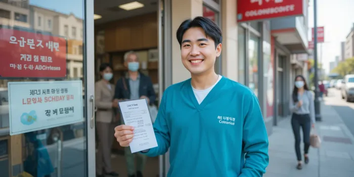 저렴하게 대장내시경을 받고 병원을 나서며 영수증을 들고 있는 장면