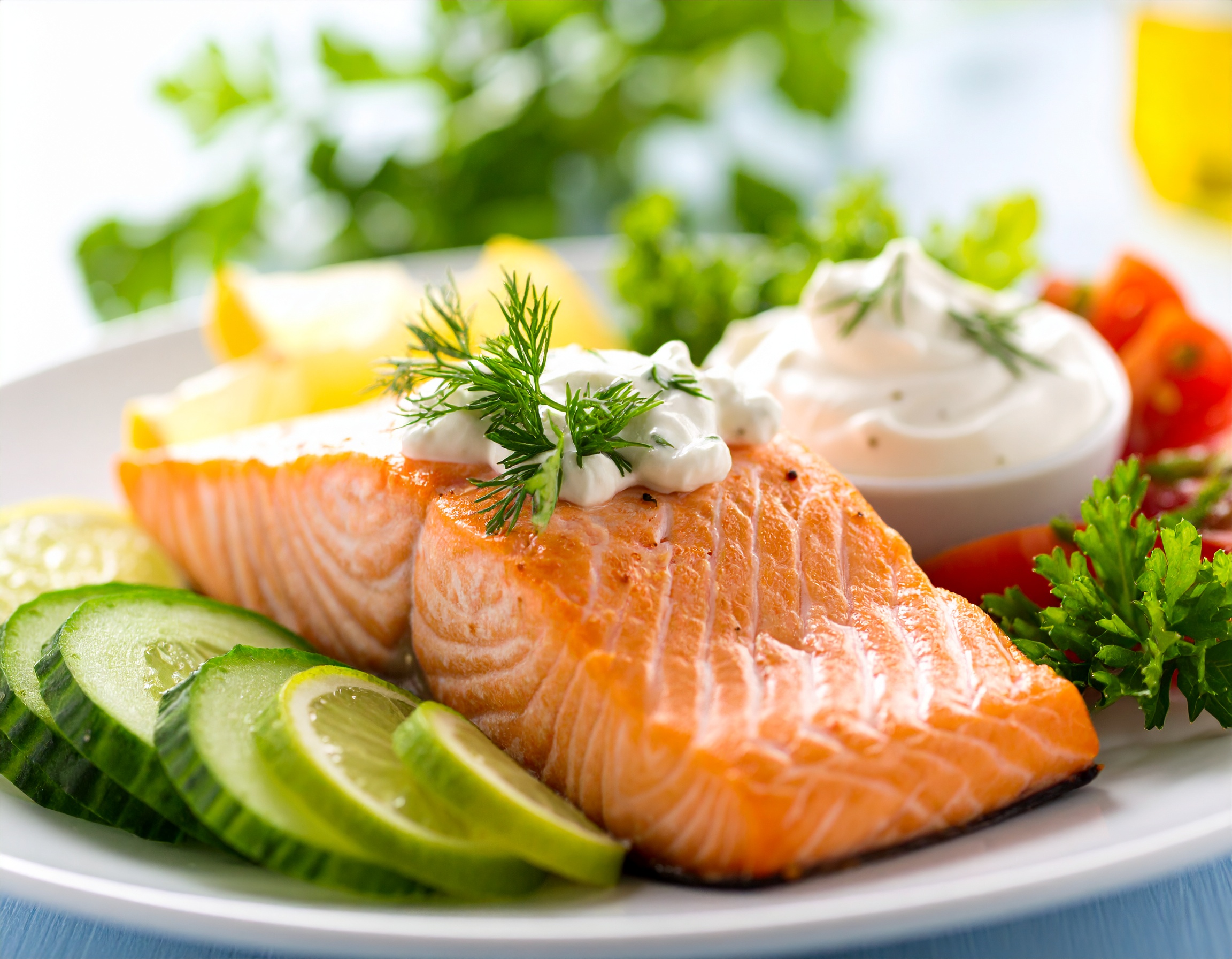고지혈증 예방을 위한 구운 연어와 요거트 소스, 오이와 허브가 함께한 심혈관 건강 식단