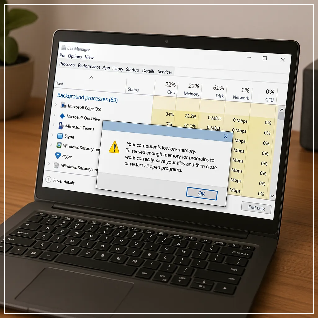 윈도우 작업 관리자와 백그라운드 앱 과다 실행으로 인한 메모리 부족 경고를 동시에 보여주는 이미지
