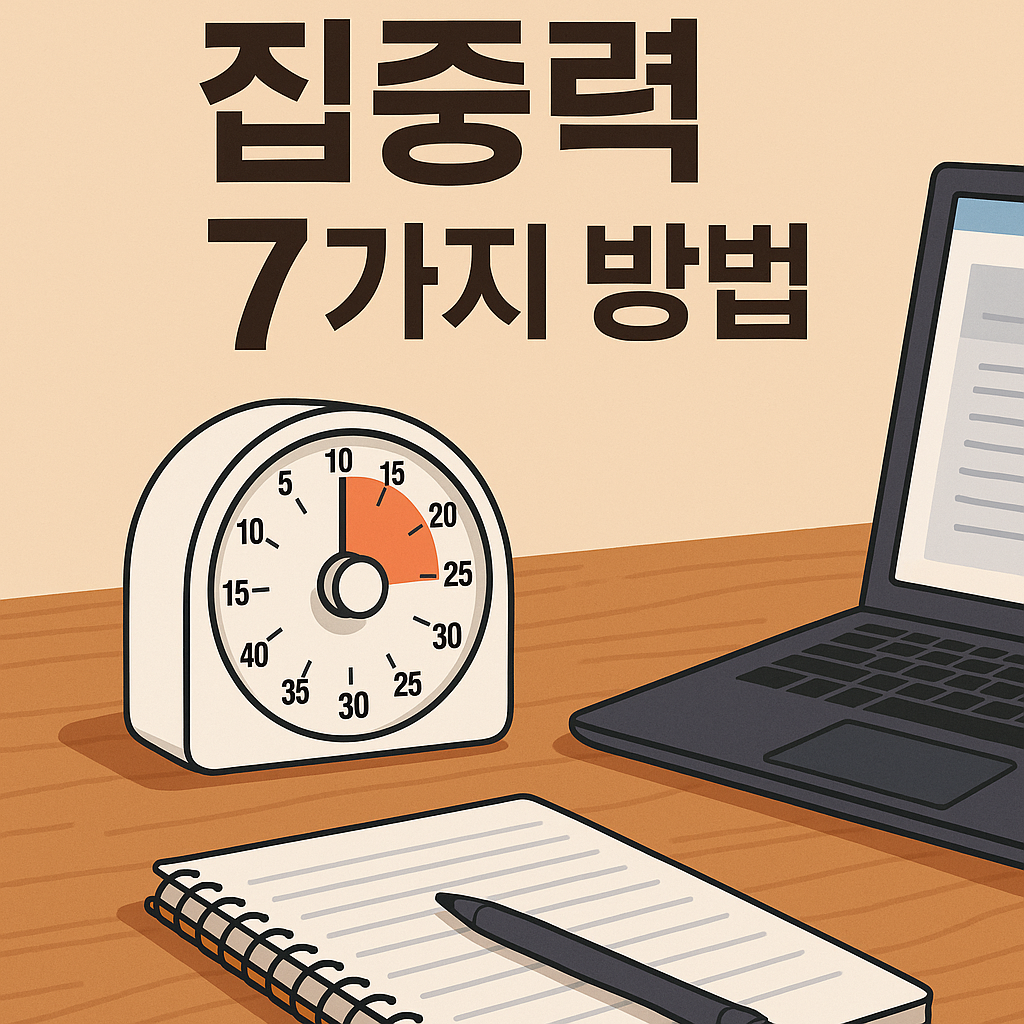 책상 위 노트북과 커피, 25분 타이머가 놓여 있는 장면. 집중력을 상징하며 '집중력을 높이는 7가지 방법'이라는 텍스트가 적힌 이미지