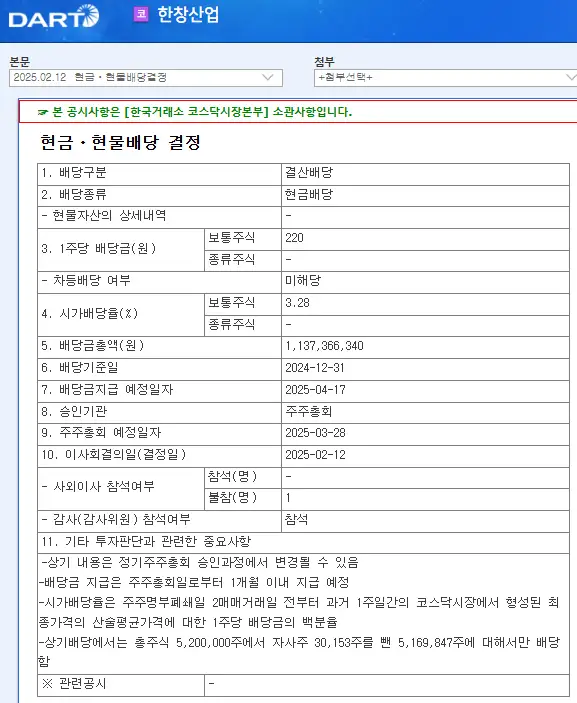 한창산업(079170) 2025년 배당금