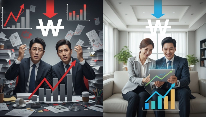 2026년 상속세 개편으로 상속 부담이 줄어드는 것을 전후 비교로 보여주는 이미지. 왼쪽은 복잡하고 높은 세금으로 걱정하는 한국인 부부, 오른쪽은 개편안으로 여유로워진 모습.