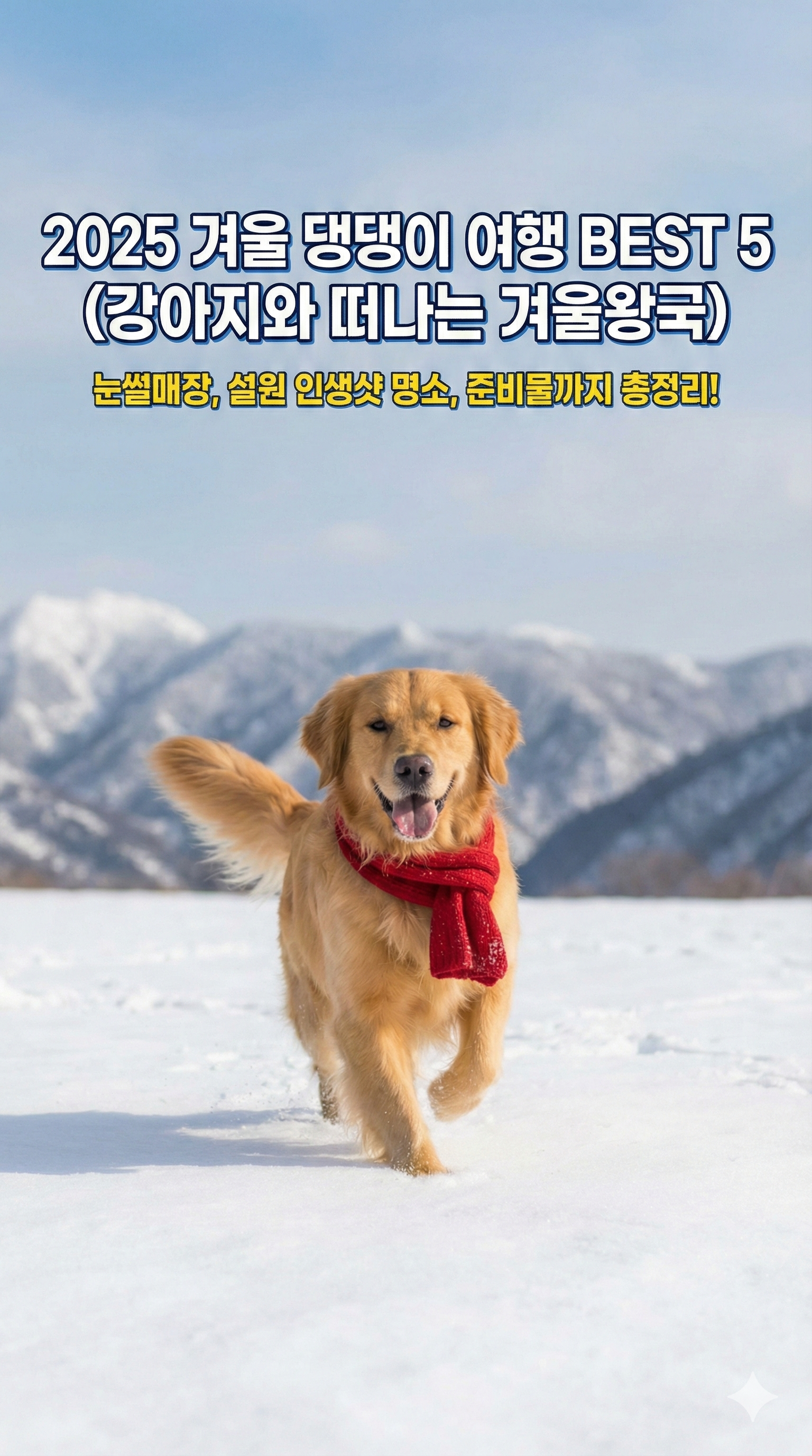 설원을 달리는 행복한 골든 리트리버, 파란 하늘)