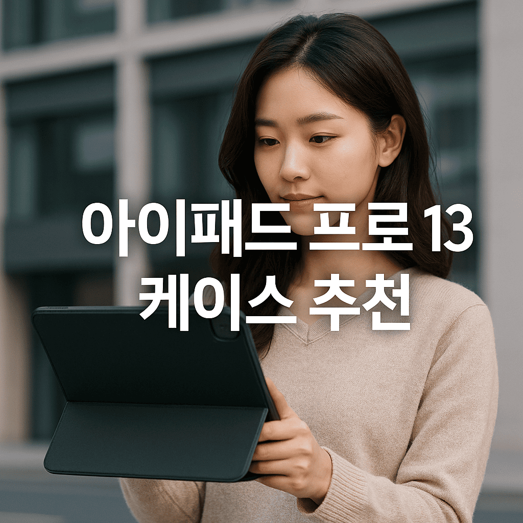 대체-텍스트:-여성-모델이-아이패드-프로-13을-케이스에-장착해-사용하는-모습,-배경은-현대적인-도심-건물,-중앙에-&quot;아이패드-프로-13-케이스-추천&quot;-텍스트-배치