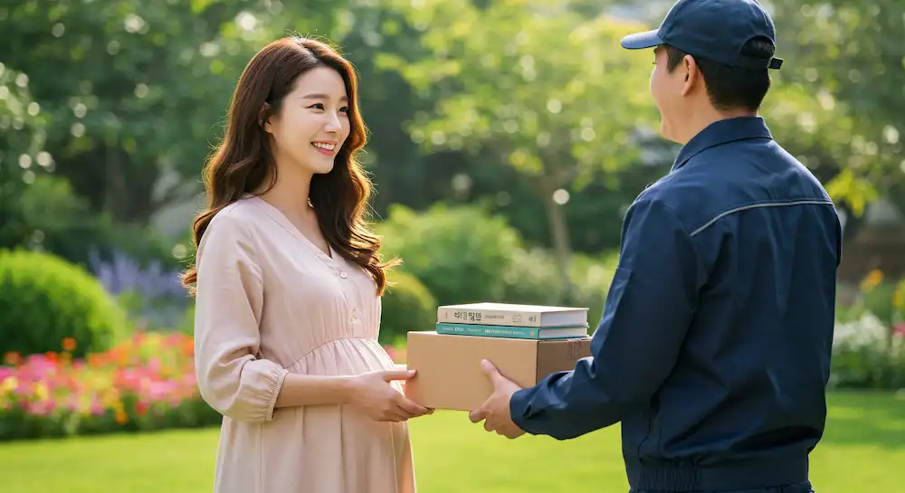 임신한 젊은 여성이 택배 직원을 통해 책을 전달 받는 모습