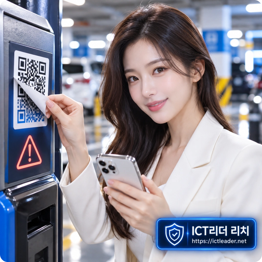 스마트폰을 든 여성이 주차장 정산기에 겹쳐 붙은 QR 스티커를 확인하는 모습