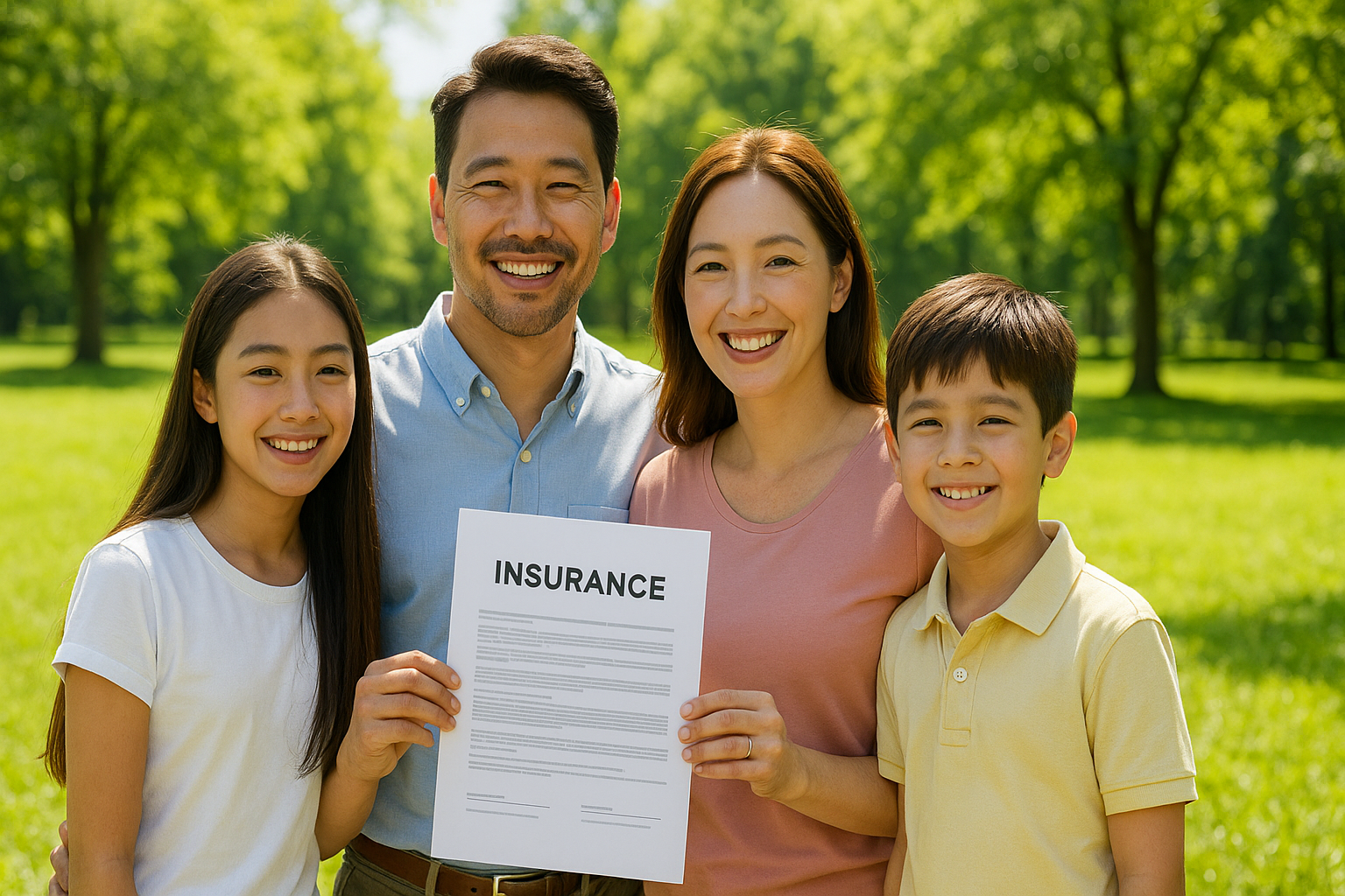 보험 서류를 들고 미소 짓는 가족