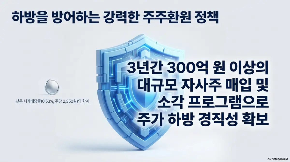 솔브레인 주가 전망: 방패 형상으로 &amp;#39;하방을 방어하는 강력한 주주환원 정책&amp;#39;을 표현한 이미지. 3년간 300억원 이상의 대규모 자사주 매입&middot;소각 프로그램과 낮은 시가배당률(0.53%&amp;#44; 주당 2&amp;#44;350원)의 한계를 함께 시각적으로 전달하며&amp;#44; 블로그의 솔브레인 배당과 주주환원 분석과 관련된 내용을 설명함