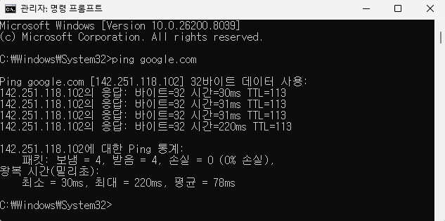 네트워크 연결 상태 테스트