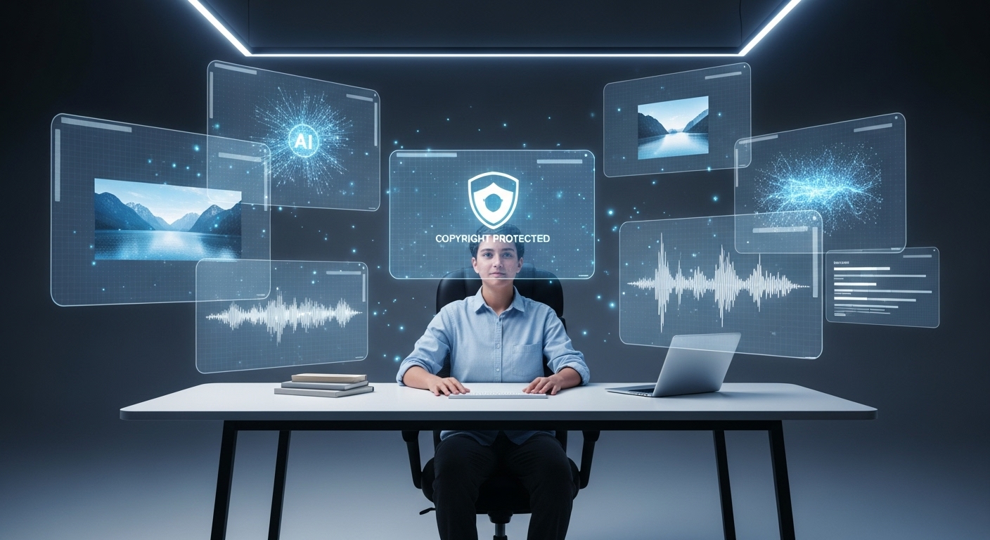 2025년, AI 기술을 활용하여 안전하게 콘텐츠를 창작하고 수익화하는 크리에이터의 모습. 홀로그램으로 AI 생성물이 표시된 작업 공간에서 저작권 보호 아이콘을 확인하며 안심하는 모습.