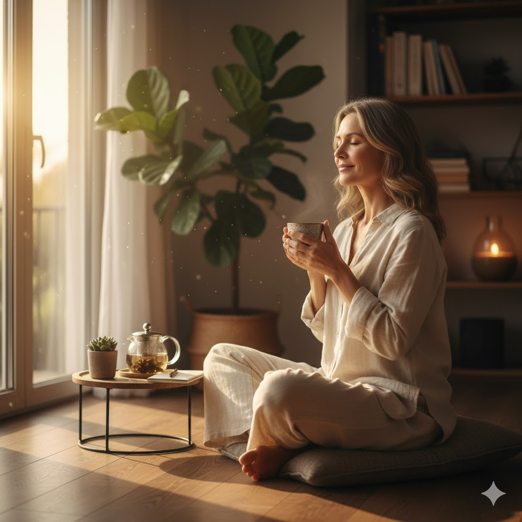 따뜻한 햇살 아래서 편안하게 웃으며 명상을 하거나 차를 마시는 모습
