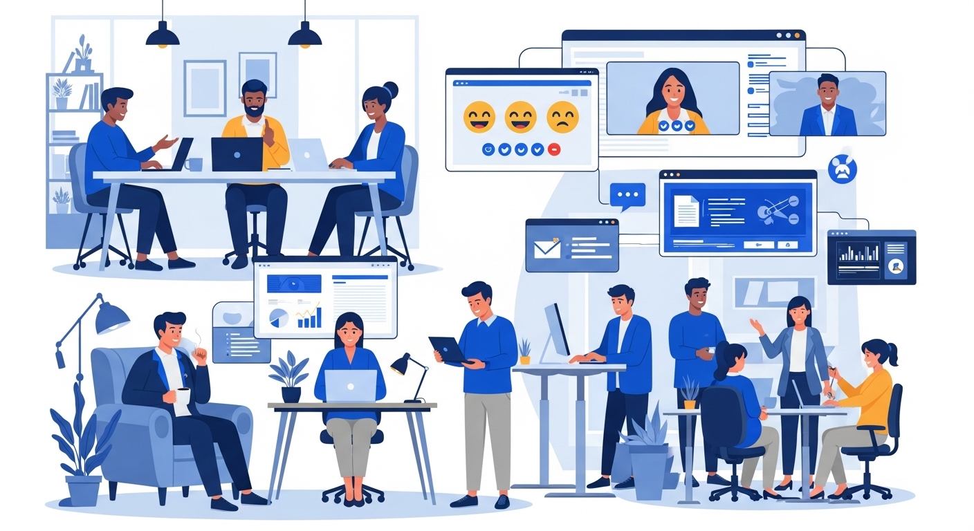 다양한 중소기업 직원들이 재택, 사무실 등 유연한 환경에서 협력하여 일하는 모습. 유연근무 지원금으로 활기를 되찾은 중소기업의 성공을 상징합니다.