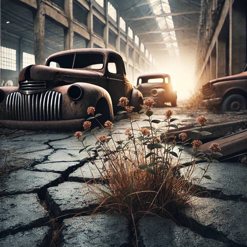 아스팔트를 뚫고 식물이 자라기 시작한다.