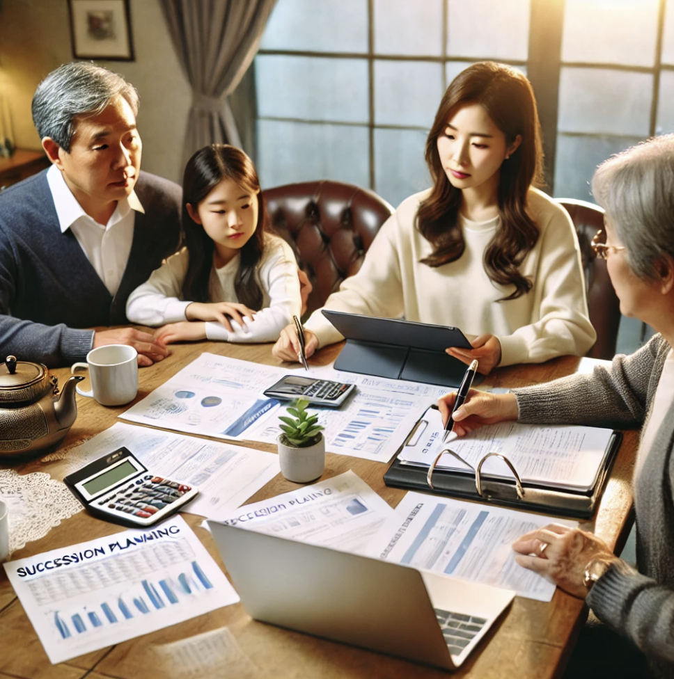 가족이 모여 가업 승계에 대한 진지한 토론을 나누는 장면
