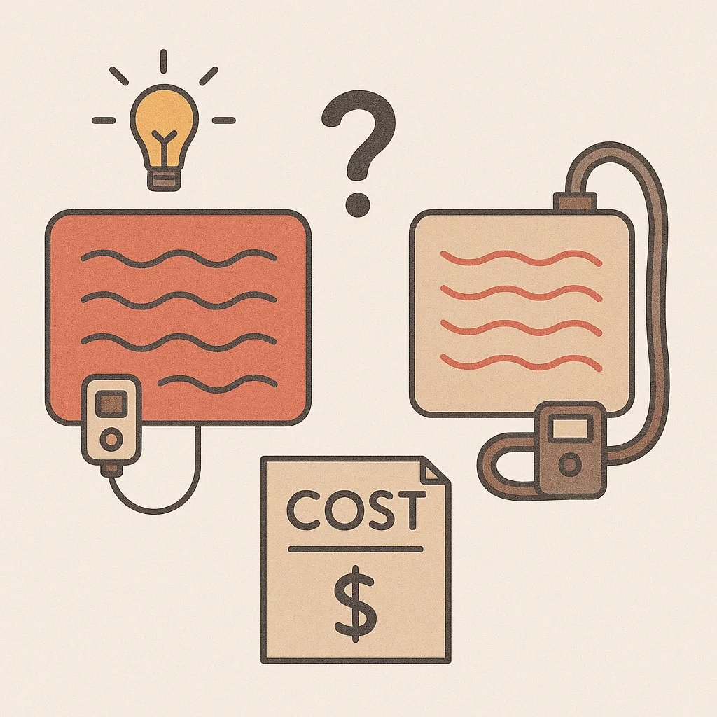 전기장판과-온수매트의-전기료와-에너지-효율을-비교하는-일러스트-이미지로-전기장판과-온수매트가-나란히-배치된-상징적-표현