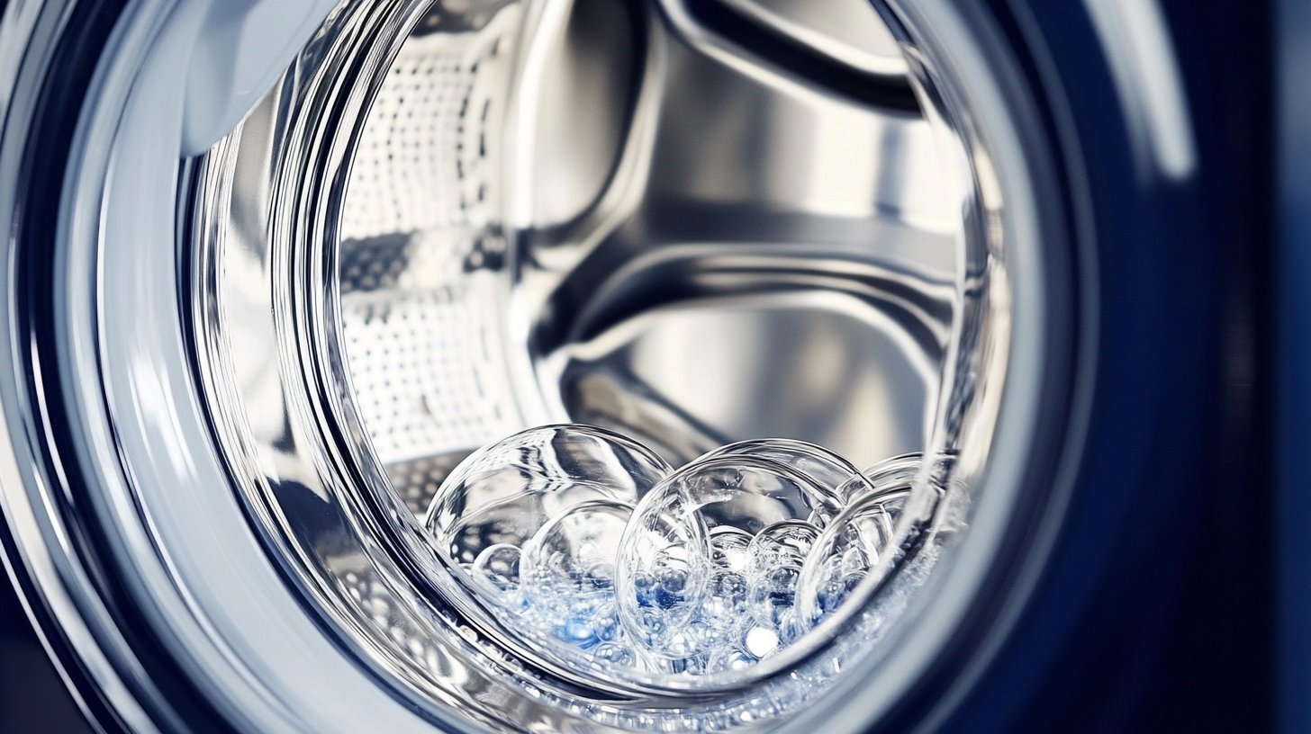 입체 돌풍 물살과 듀얼 모터 기술을 탑재한 세탁기 클로즈업, 세련된 디자인과 섬세한 디테일을 강조하는 이미지