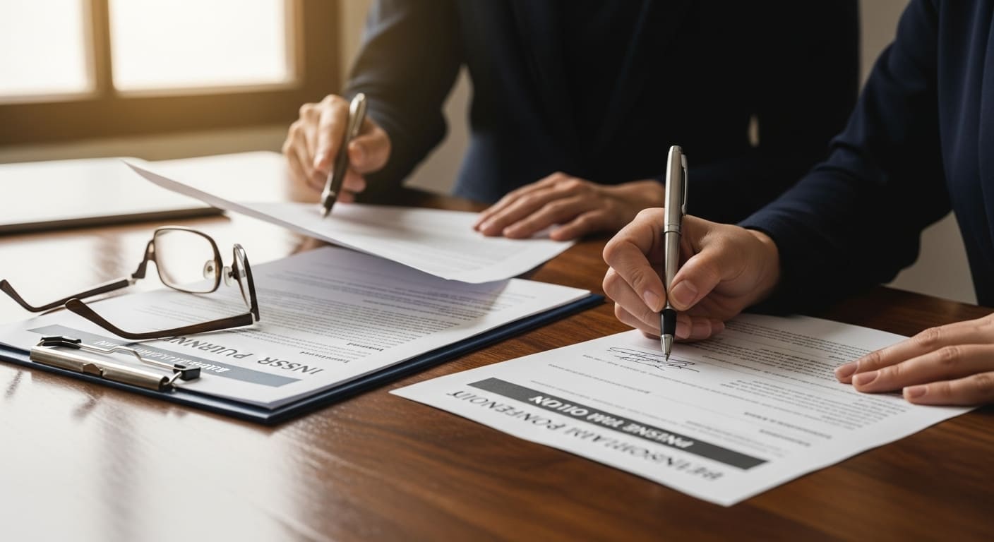 생명보험 계약서와 관련 서류 묶음 