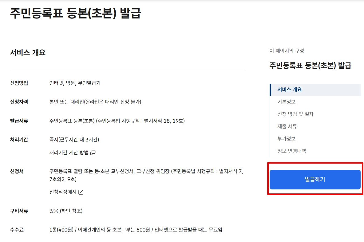 주민등록초본 발급 수수료