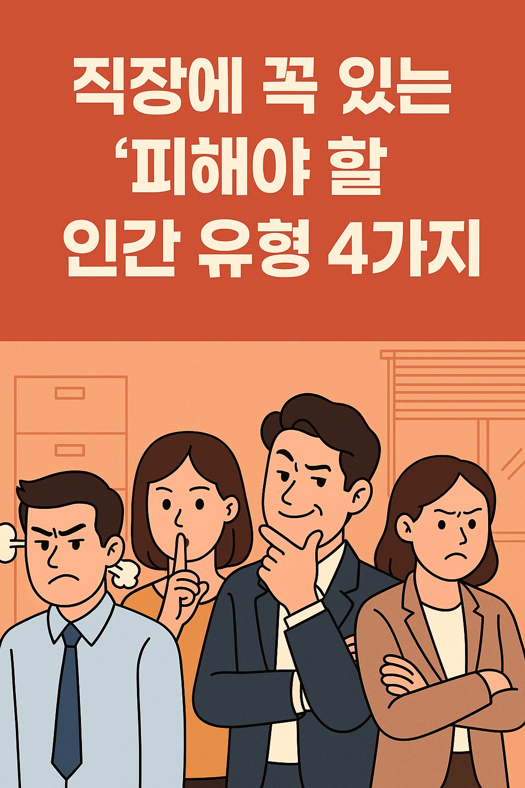 직장 내 피해야 할 4가지 인간 유형을 표현한 일러스트 이미지