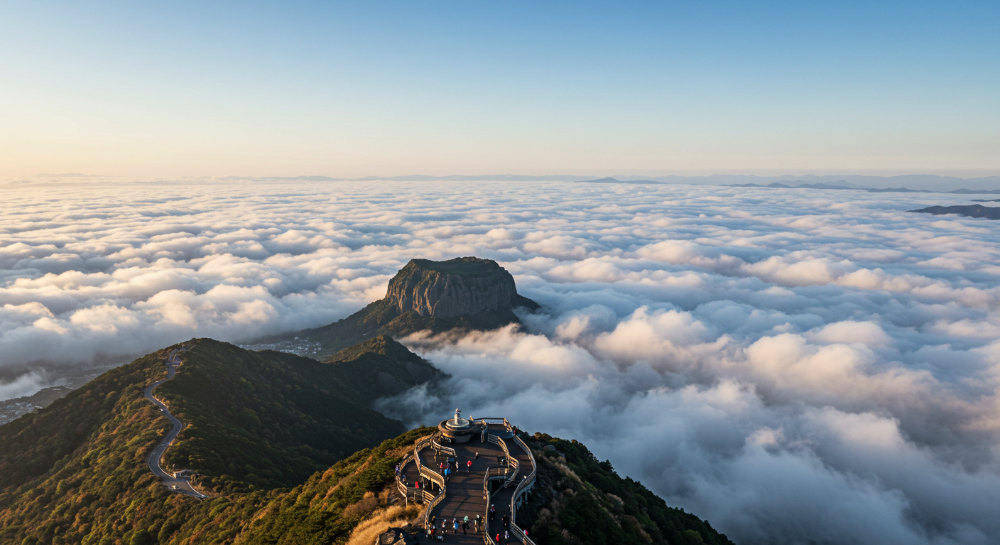 한라산 1100고지 전망대에서 바라본 시원한 제주 전경과 운해