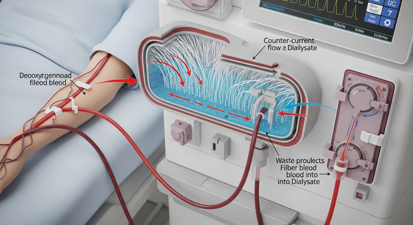 혈액이 투석기를 통해 걸러지고 다시 몸으로 돌아오는 혈액 투석 과정 상세 일러스트