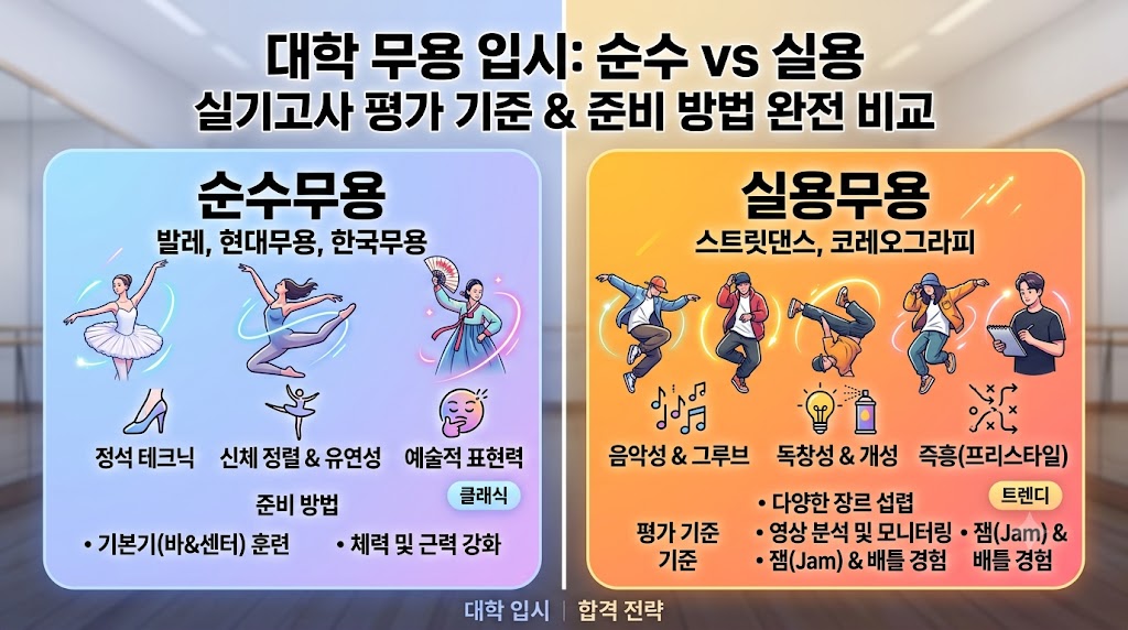 무용과 입시 분석: 순수무용 vs 실용무용 실기고사 평가 기준 및 준비 방법 차이점 핵심 비교