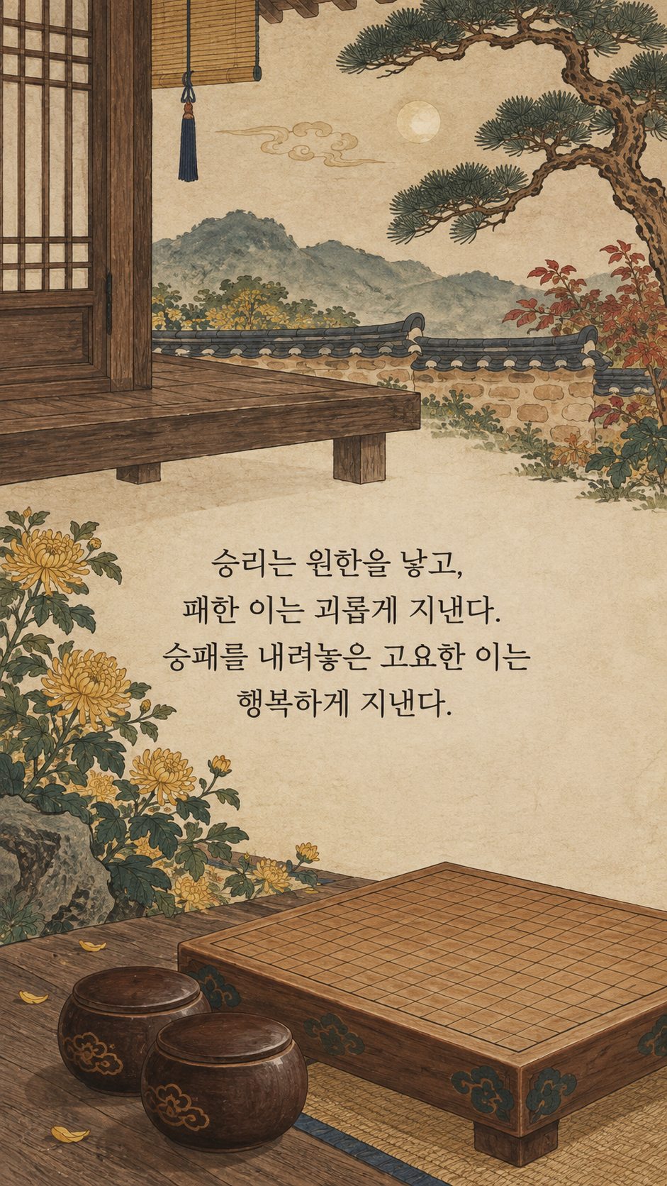 이기고 지는 마음을 내려놓기 — 한국 민화 명언 삽화
